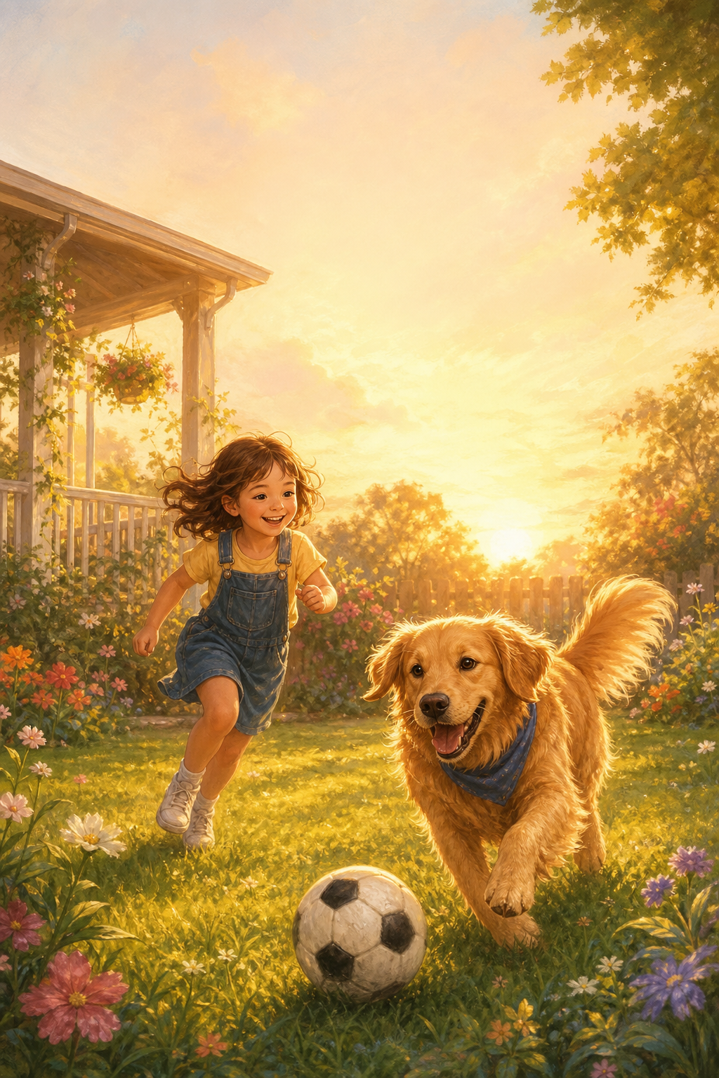 A girl and golden retriever chasing a soccer ball in a sunny garden